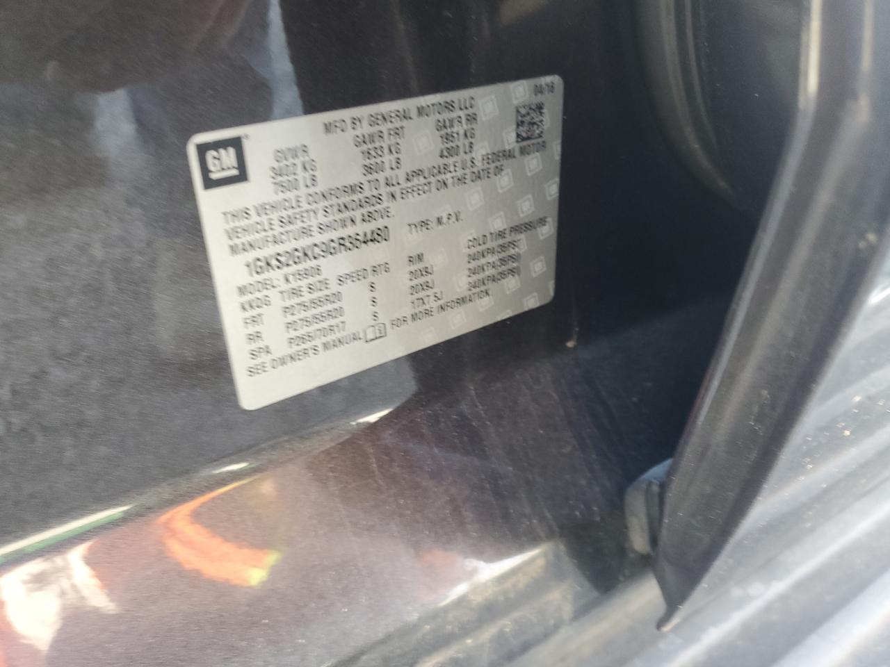 2016 GMC Yukon Xl K1500 Slt VIN: 1GKS2GKC9GR364480 Lot: 86273925