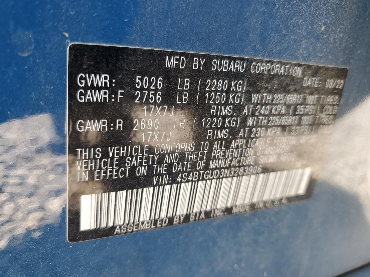 2022 Subaru Outback Wilderness VIN: 4S4BTGUD3N3283906 Lot: 87079915