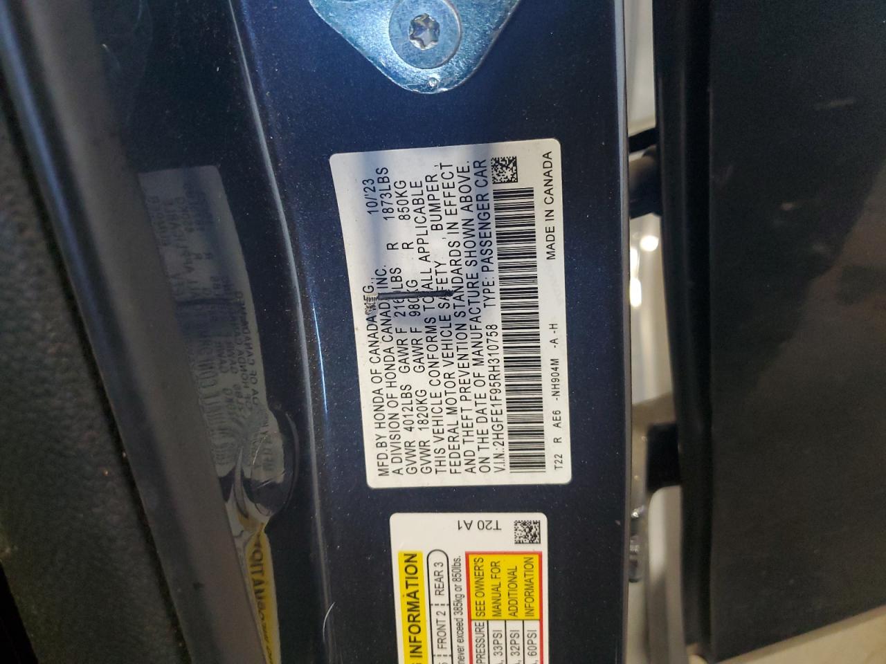 2024 Honda Civic Touring VIN: 2HGFE1F95RH310758 Lot: 85151175