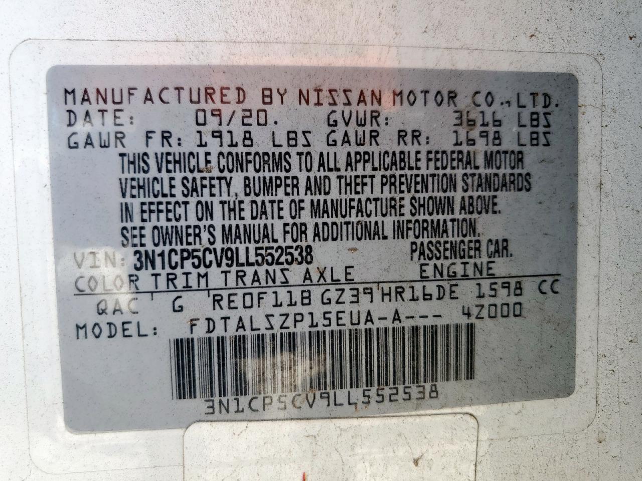 2020 Nissan Kicks Sv VIN: 3N1CP5CV9LL552538 Lot: 85382185