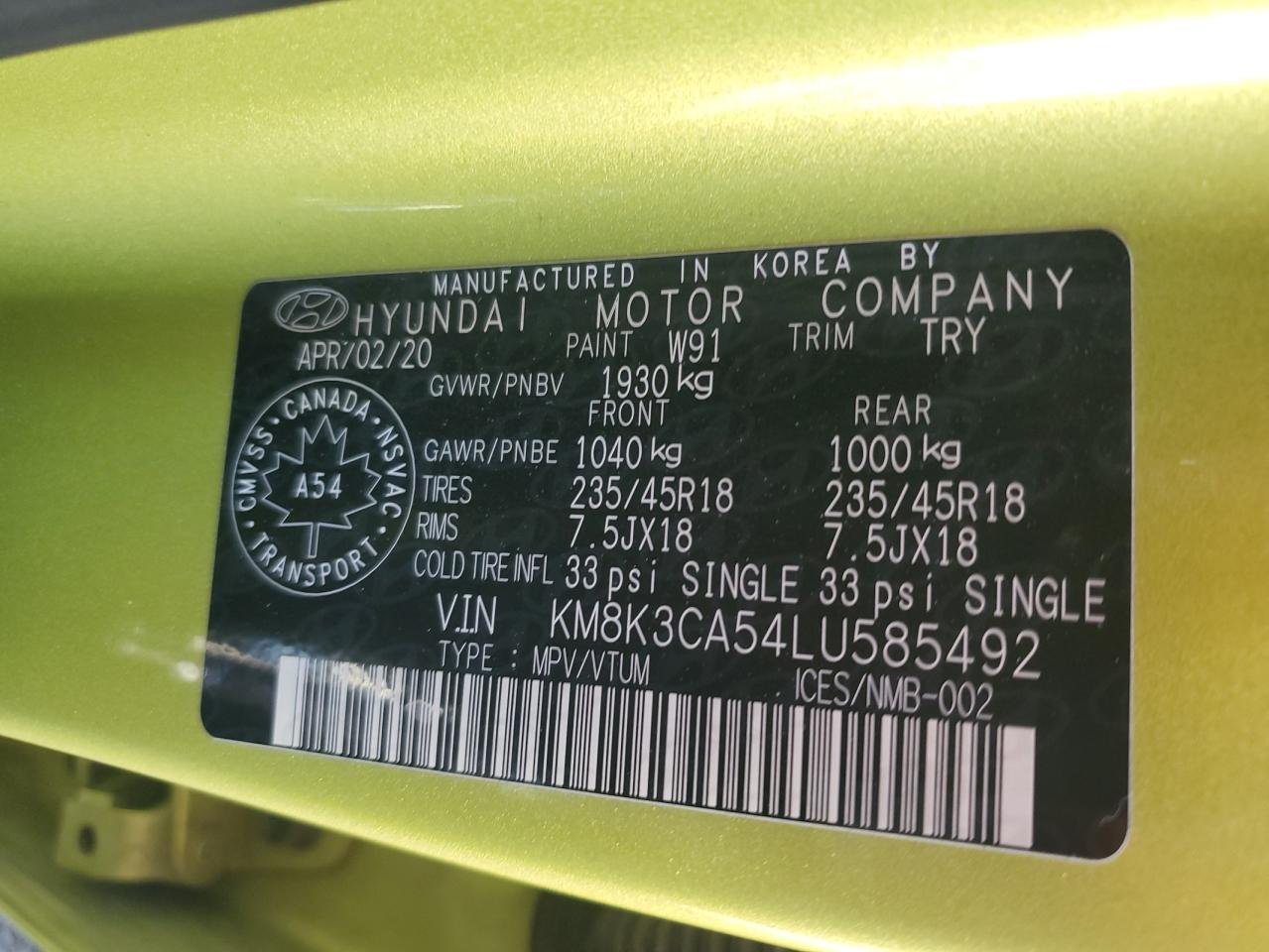 2020 Hyundai Kona Limited VIN: KM8K3CA54LU585492 Lot: 89617645