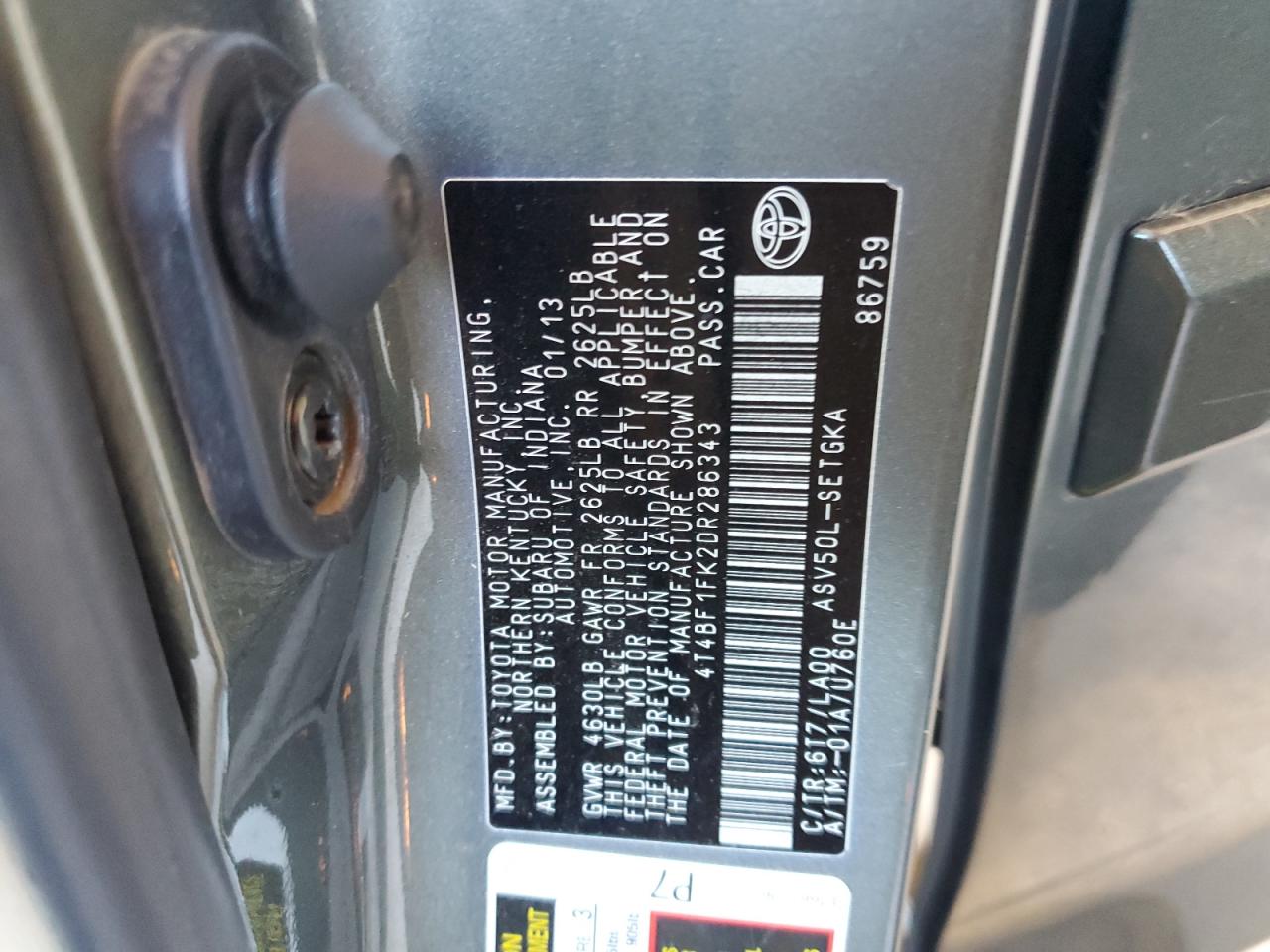 2013 Toyota Camry L VIN: 4T4BF1FK2DR286343 Lot: 85757545