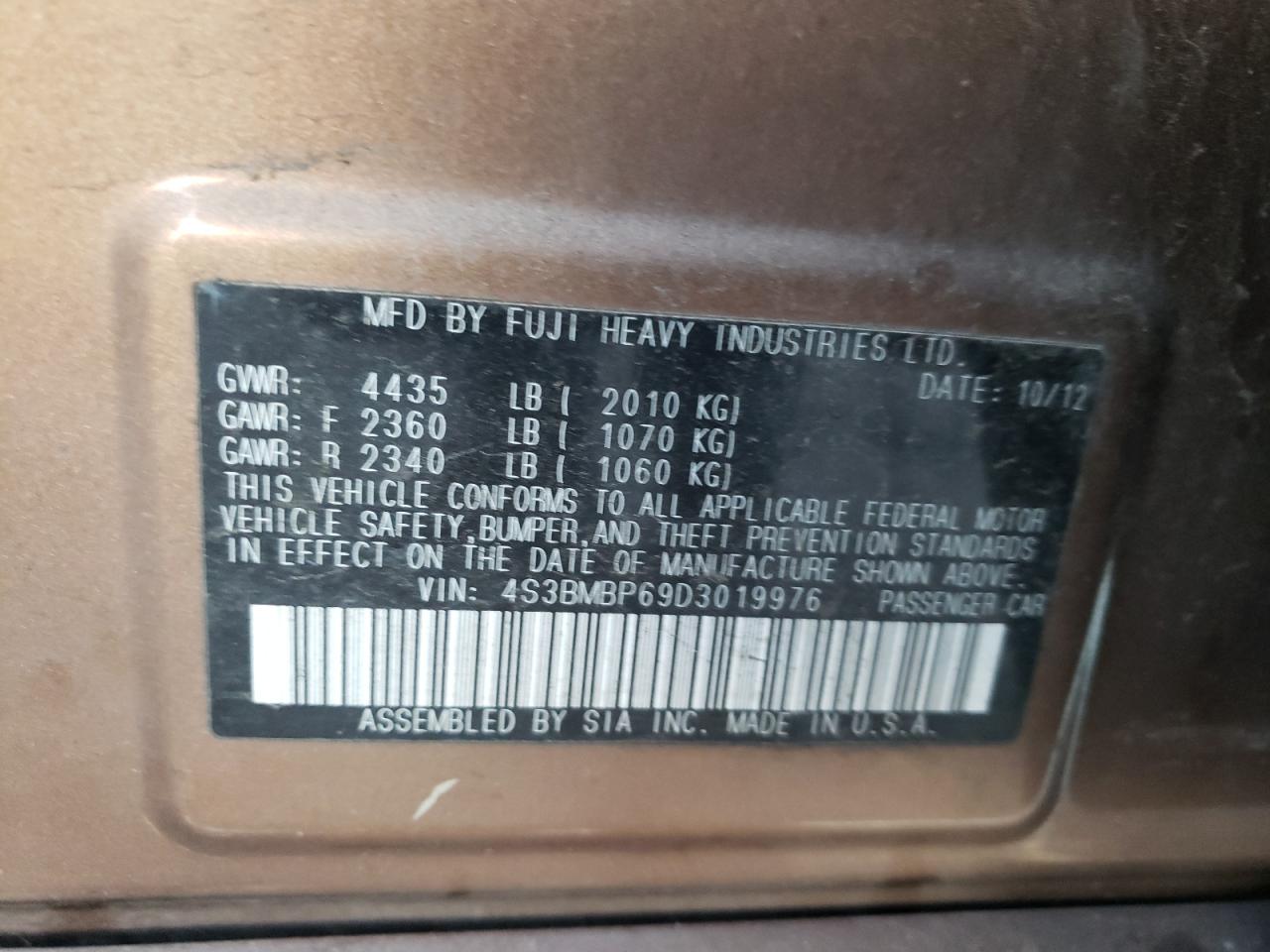 2013 Subaru Legacy 2.5I Limited VIN: 4S3BMBP69D3019976 Lot: 82696955