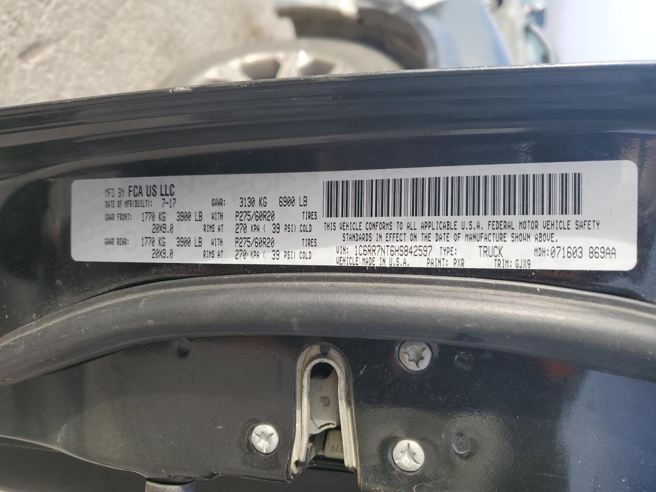 2017 Ram 1500 Laramie VIN: 1C6RR7NT6HS842597 Lot: 85511395