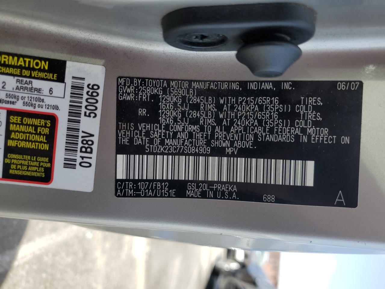 2007 Toyota Sienna Ce VIN: 5TDZK23C77S084909 Lot: 81404335