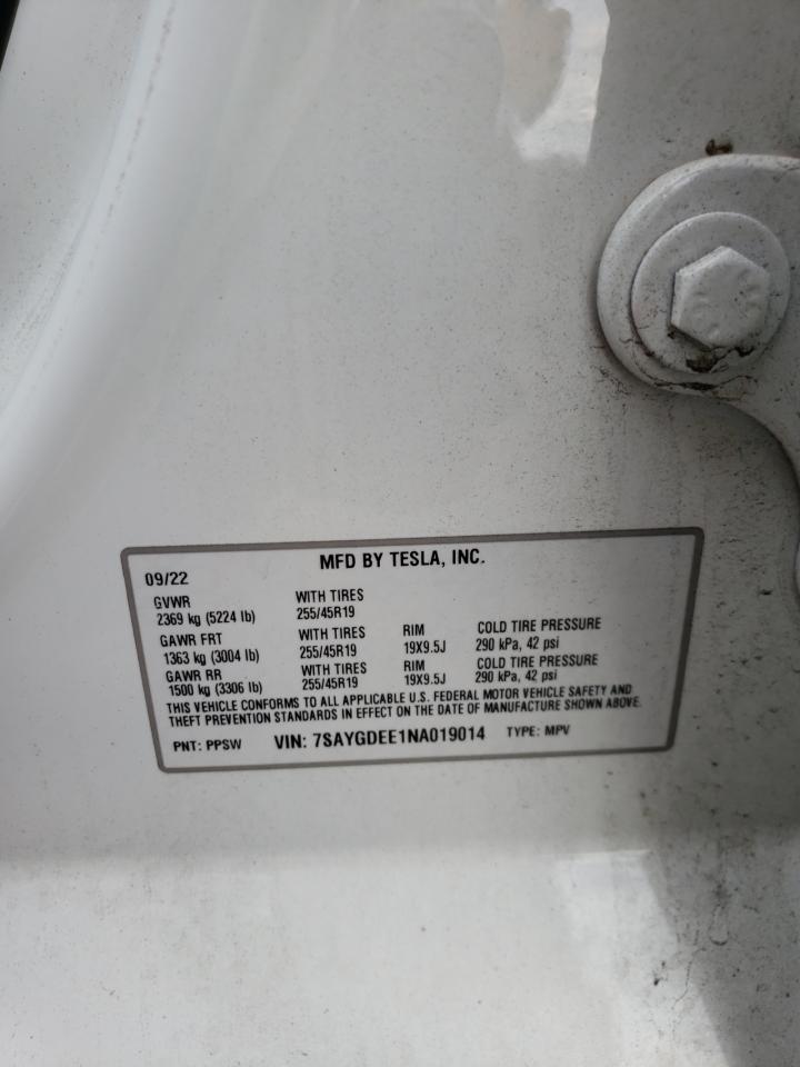 2022 Tesla Model Y VIN: 7SAYGDEE1NA019014 Lot: 84739095