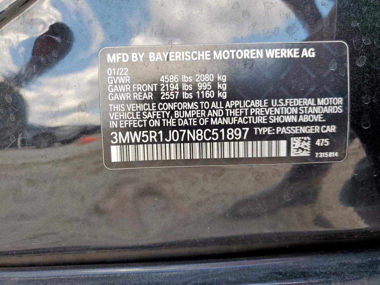 2022 BMW 330I VIN: 3MW5R1J07N8C51897 Lot: 85745195