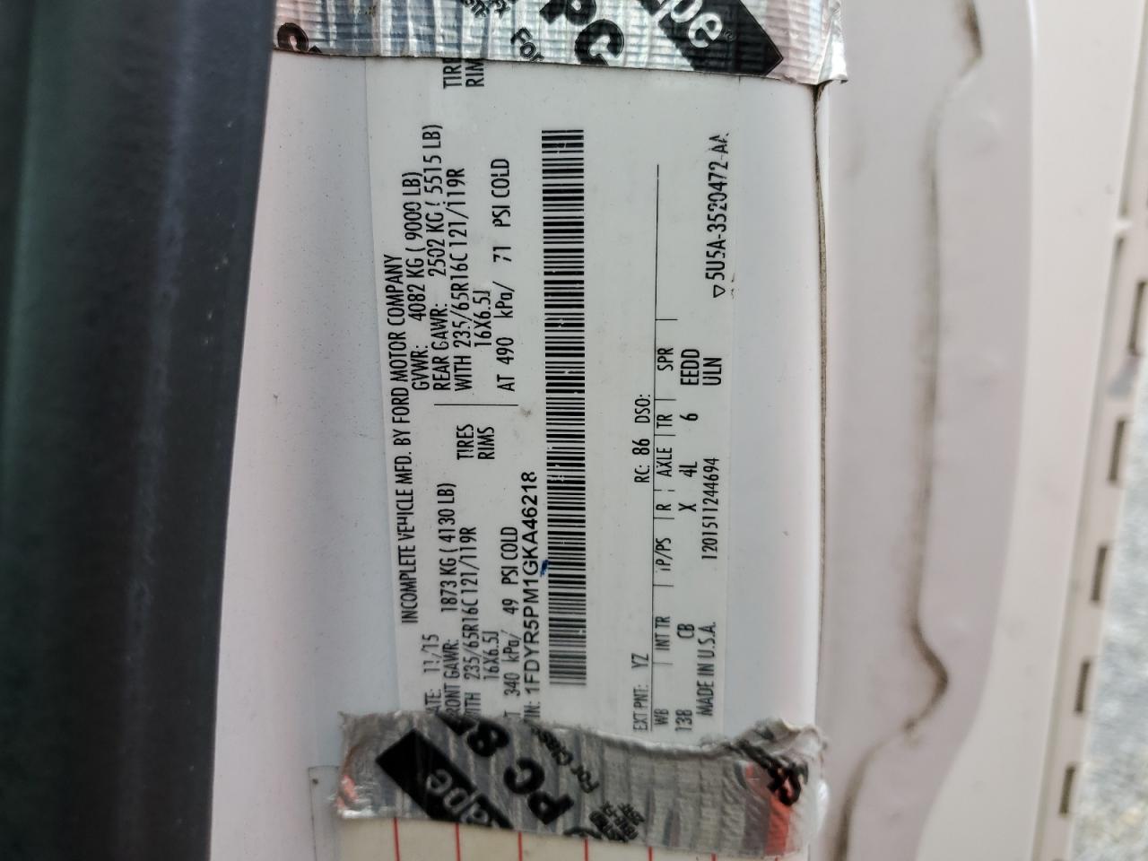 2016 Ford Transit T-250 VIN: 1FDYR5PM1GKA46218 Lot: 82210525