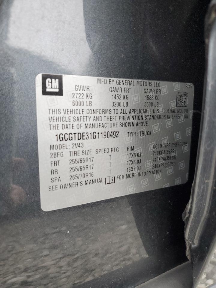 2016 Chevrolet Colorado Z71 VIN: 1GCGTDE31G1190492 Lot: 82104585