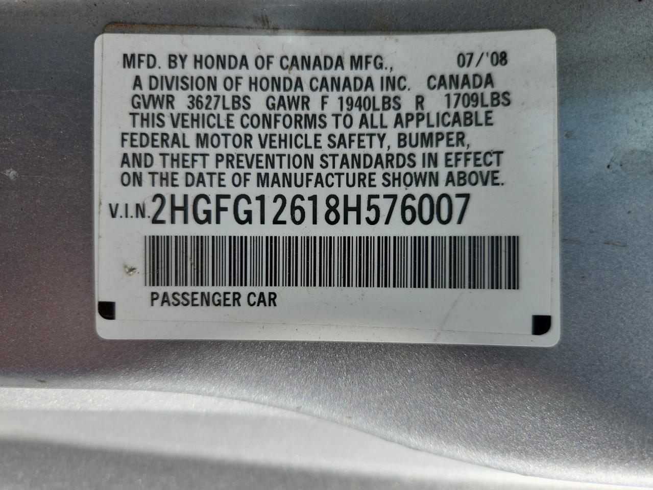 2008 Honda Civic Lx VIN: 2HGFG12618H576007 Lot: 85561745