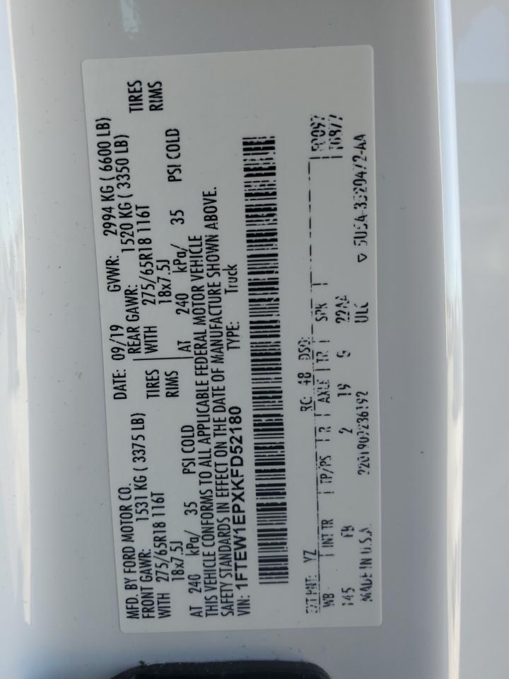 2019 Ford F150 Supercrew VIN: 1FTEW1EPXKFD52180 Lot: 82644505