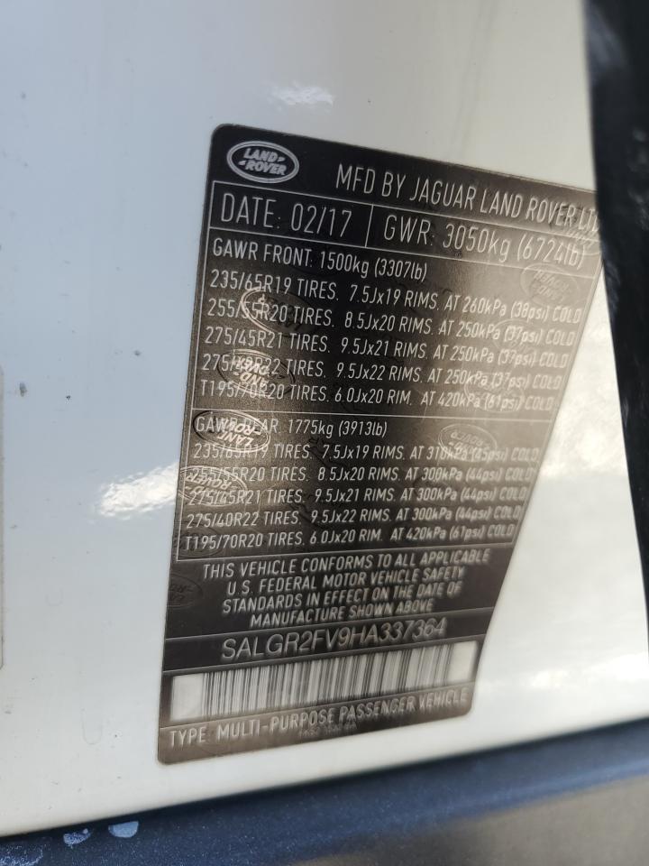 2017 Land Rover Range Rover VIN: SALGR2FV9HA337364 Lot: 89638315