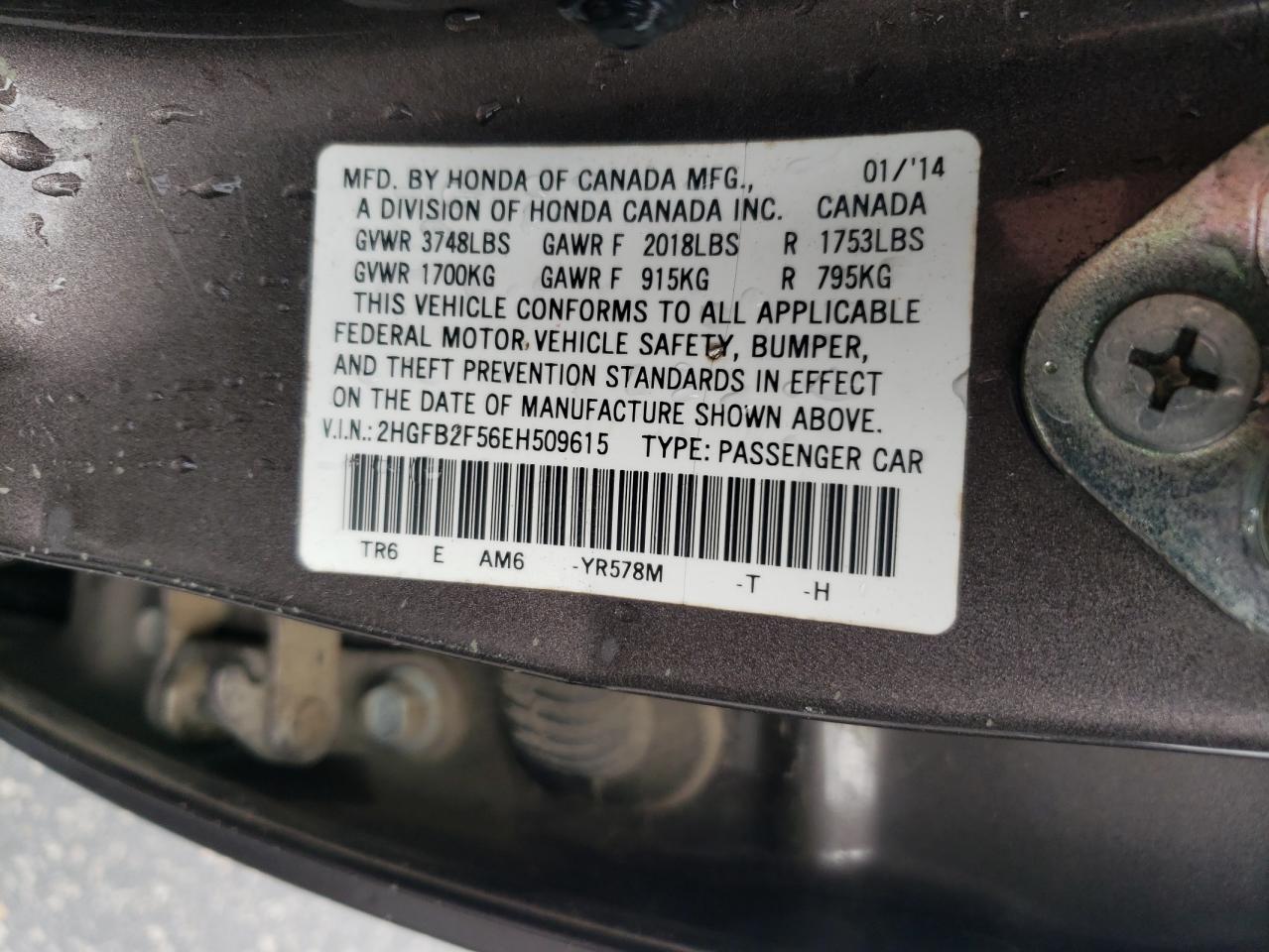 2014 Honda Civic Lx VIN: 2HGFB2F56EH509615 Lot: 82244325