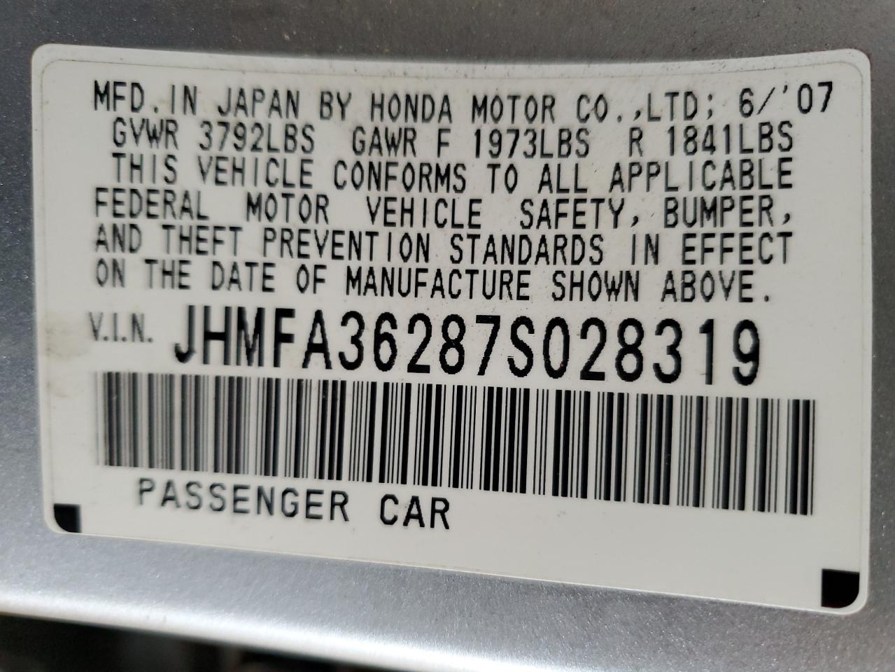 2007 Honda Civic Hybrid VIN: JHMFA36287S028319 Lot: 86168475