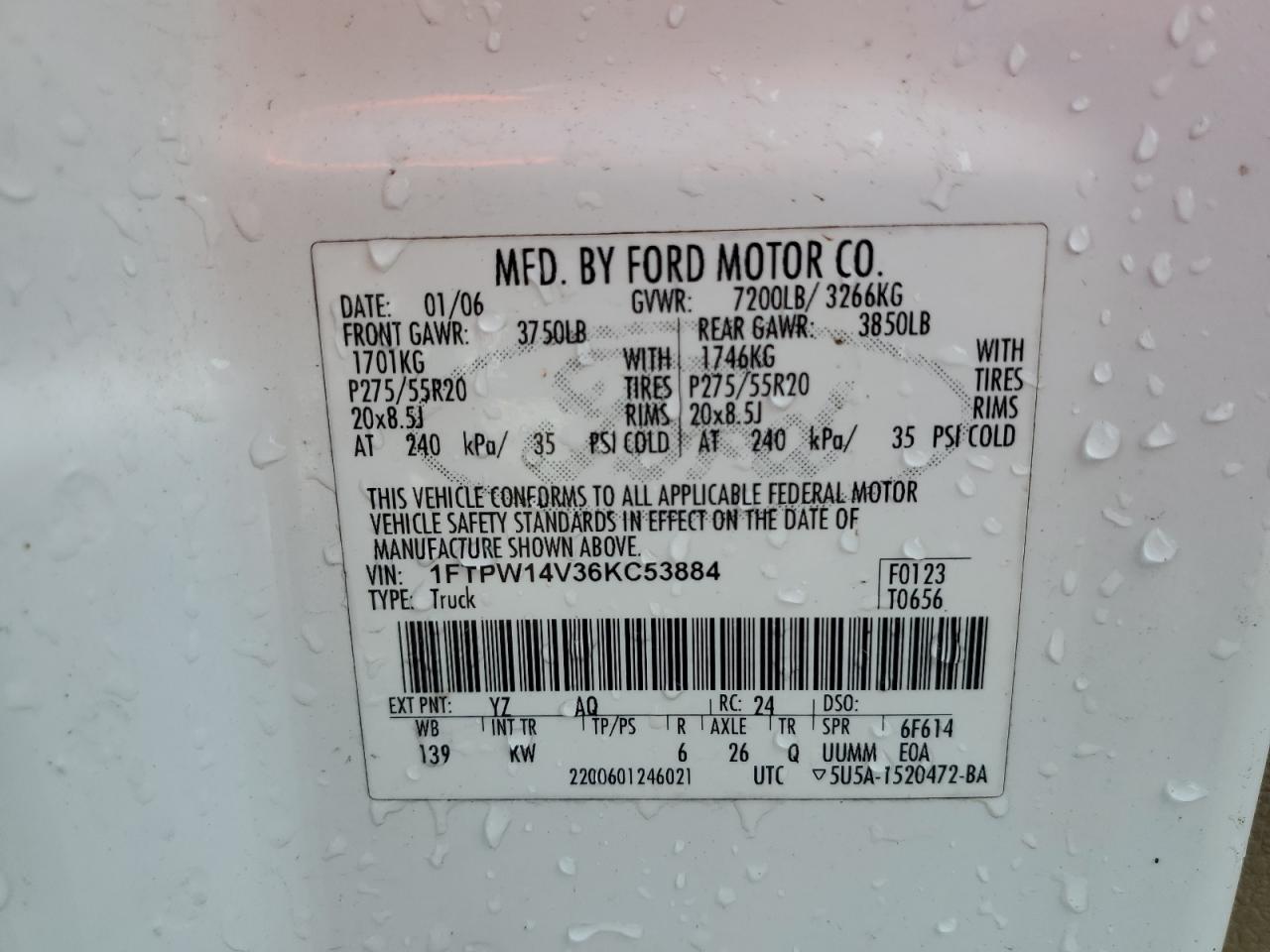 2006 Ford F150 Supercrew VIN: 1FTPW14V36KC53884 Lot: 85927835