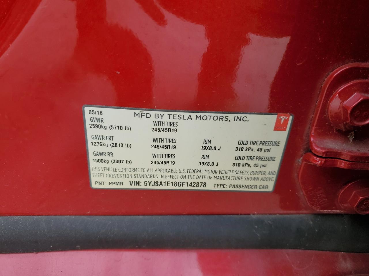 2016 Tesla Model S VIN: 5YJSA1E18GF142878 Lot: 86165115