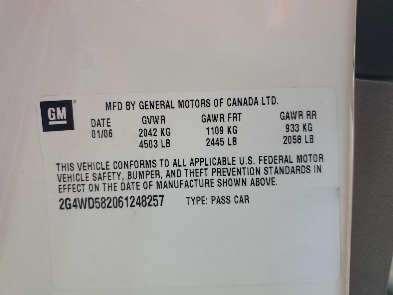 2006 Buick Lacrosse Cxl VIN: 2G4WD582061248257 Lot: 85335945