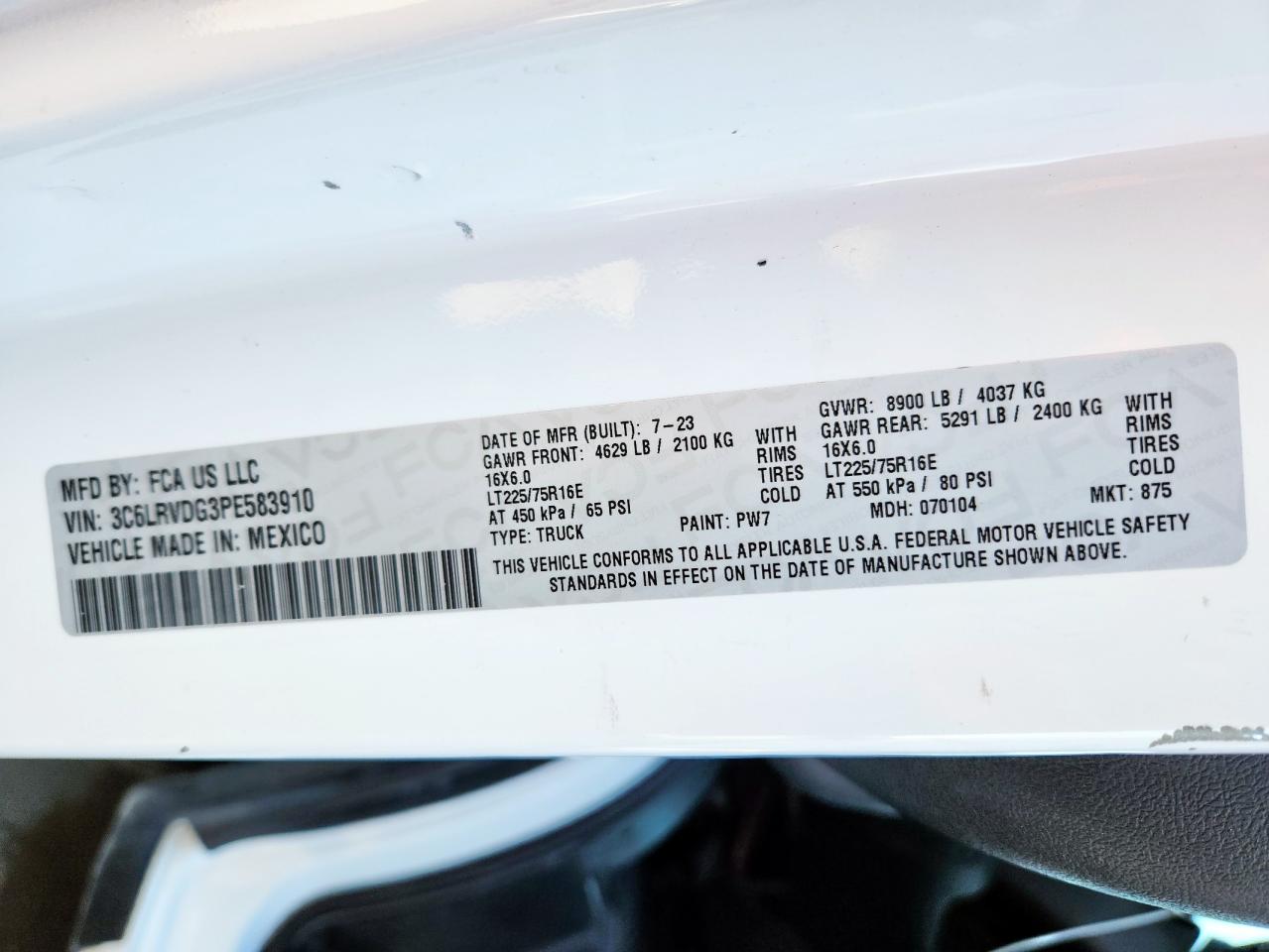 2023 Ram Promaster 2500 2500 High VIN: 3C6LRVDG3PE583910 Lot: 84949505