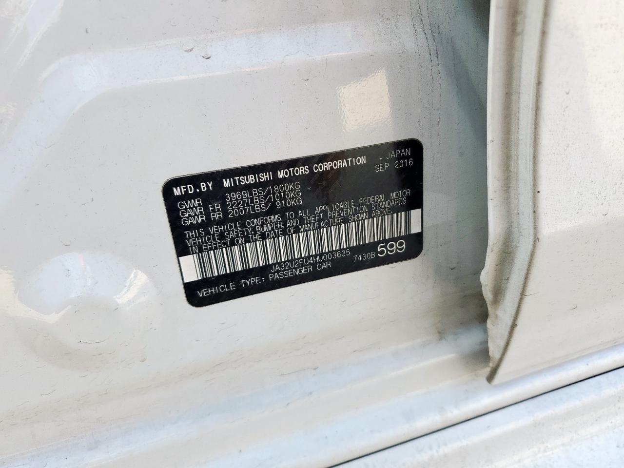 2017 Mitsubishi Lancer Es VIN: JA32U2FU4HU003635 Lot: 85820525