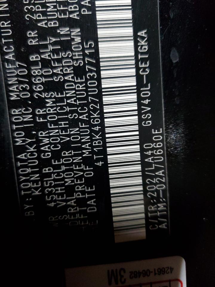 2007 Toyota Camry Le VIN: 4T1BK46K27U037715 Lot: 85593105