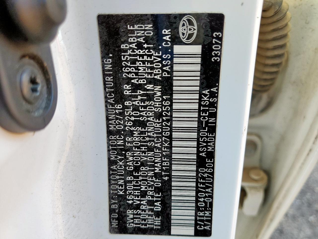 2016 Toyota Camry Le VIN: 4T1BF1FK7GU212561 Lot: 90123605