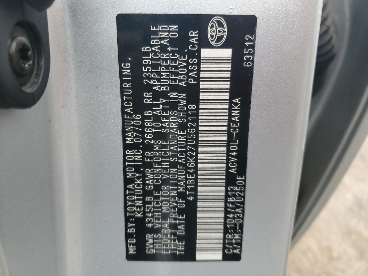 2007 Toyota Camry Ce VIN: 4T1BE46K27U562118 Lot: 85164555