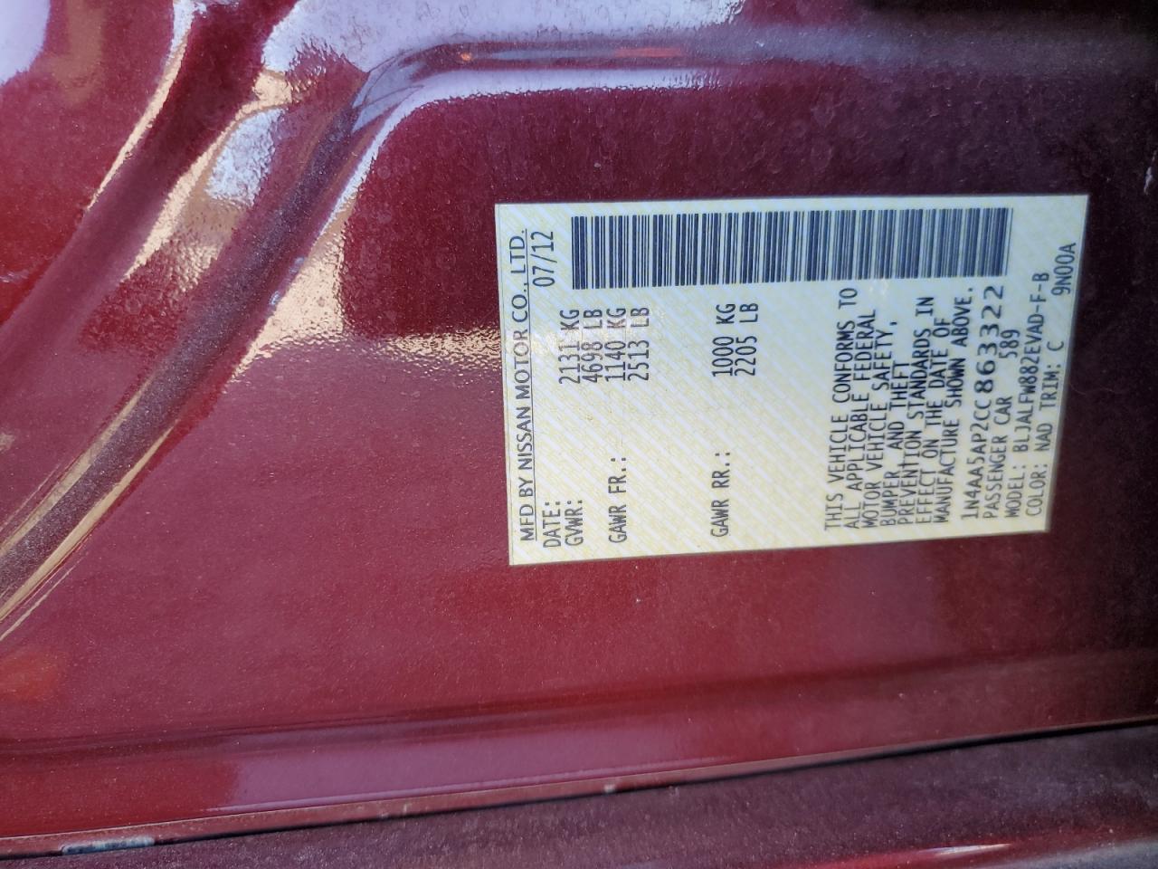 2012 Nissan Maxima S VIN: 1N4AA5AP2CC863322 Lot: 86673415