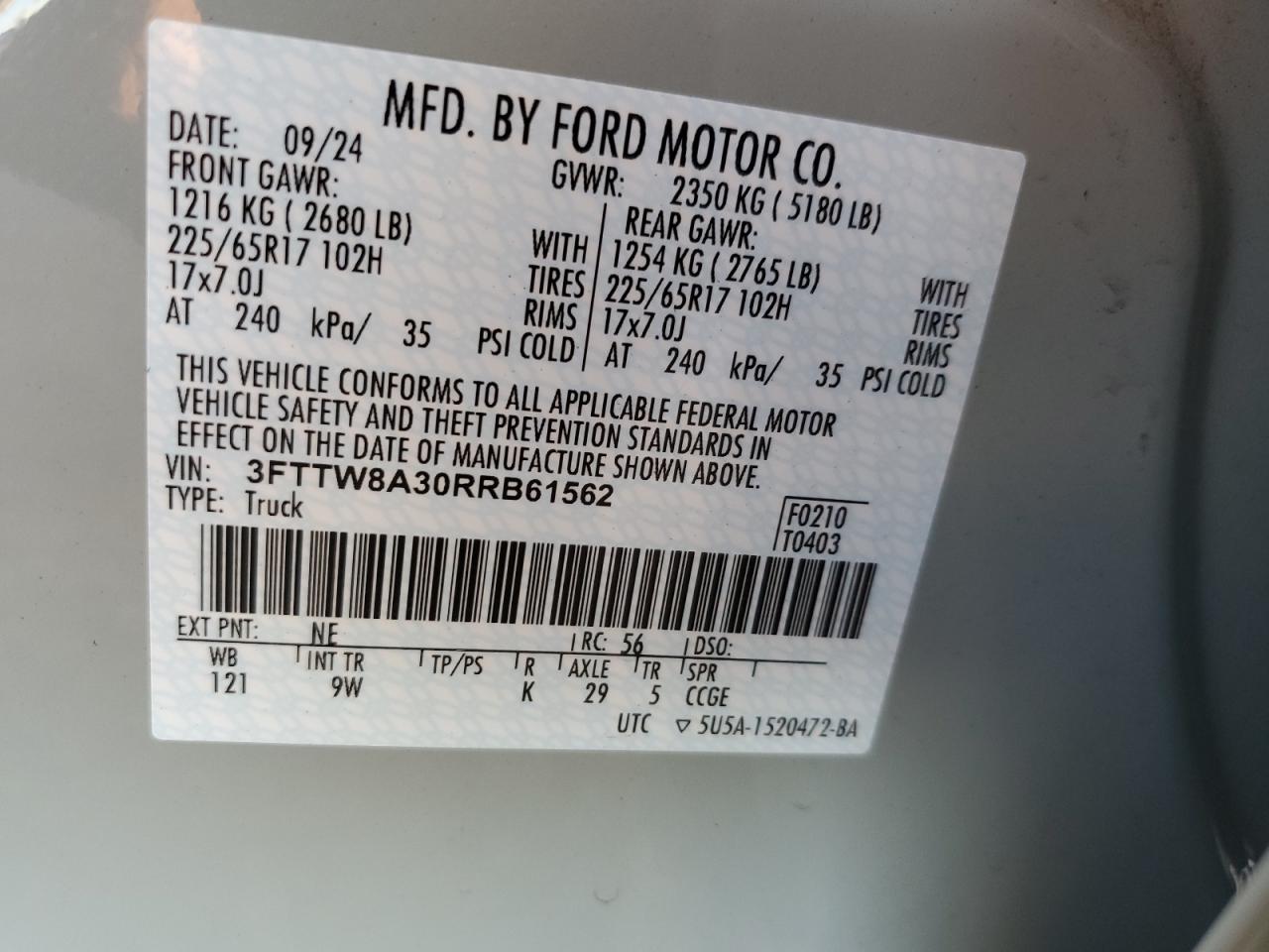 2024 Ford Maverick Xl VIN: 3FTTW8A30RRB61562 Lot: 90631565