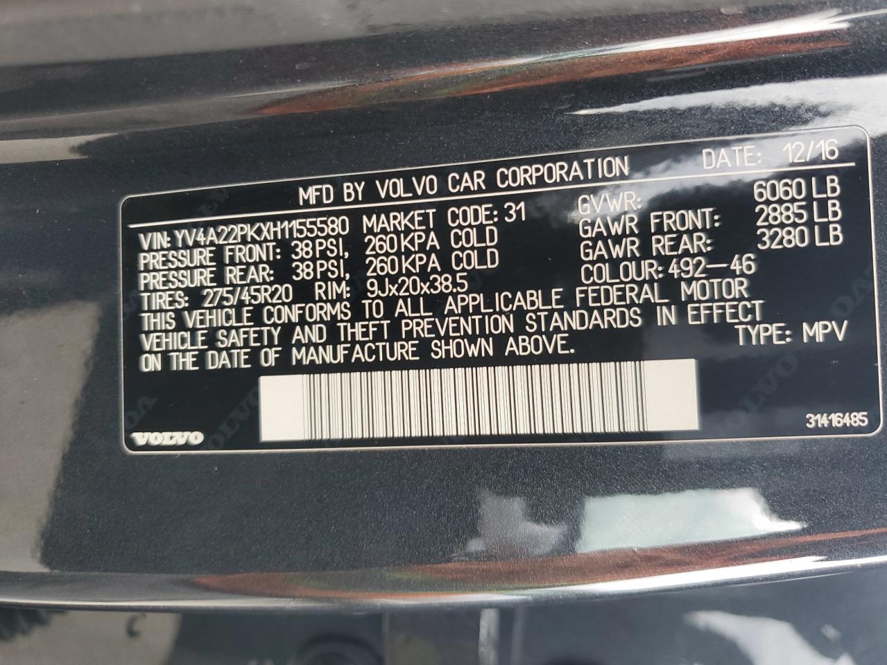 2017 Volvo Xc90 T6 VIN: YV4A22PKXH1155580 Lot: 85862485