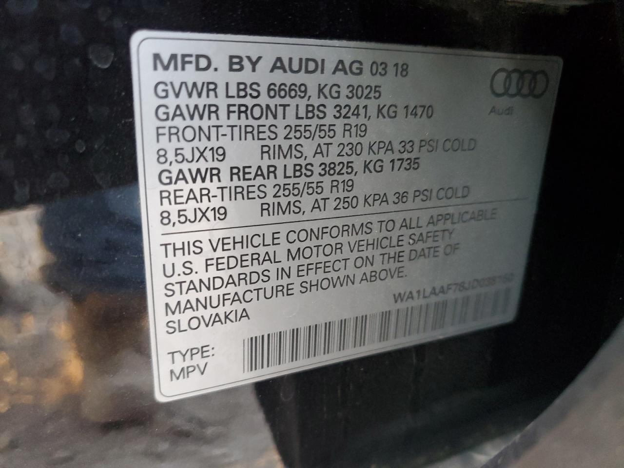 2018 Audi Q7 Premium Plus VIN: WA1LAAF78JD038150 Lot: 86868165