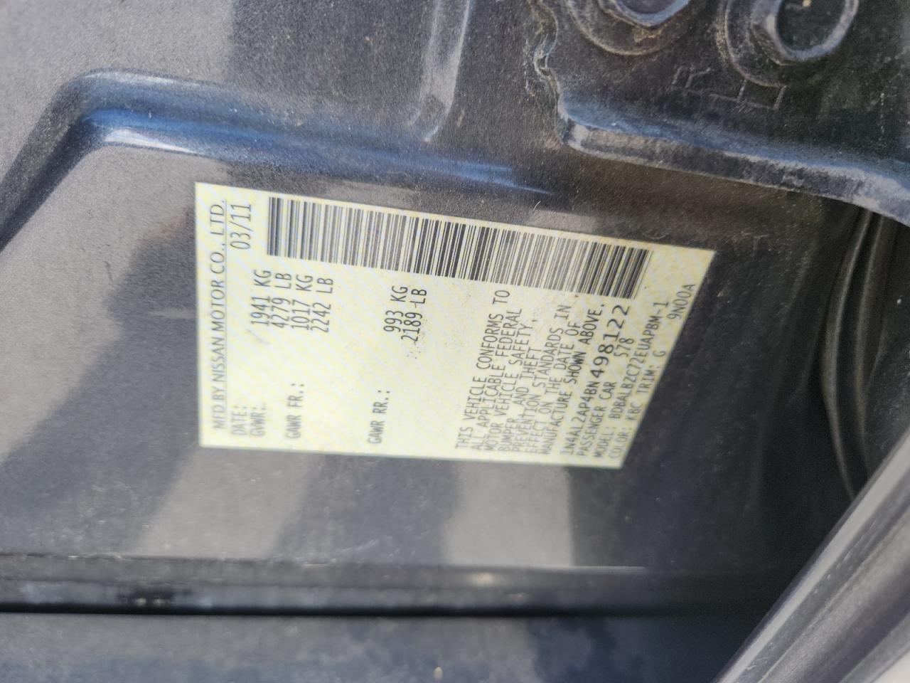 2011 Nissan Altima Base VIN: 1N4AL2AP4BN498122 Lot: 85487695
