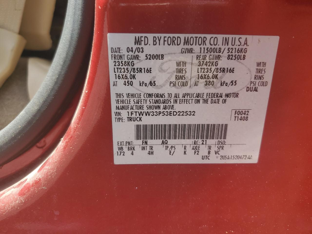 2003 Ford F350 Super Duty VIN: 1FTWW33P53ED22532 Lot: 85088285