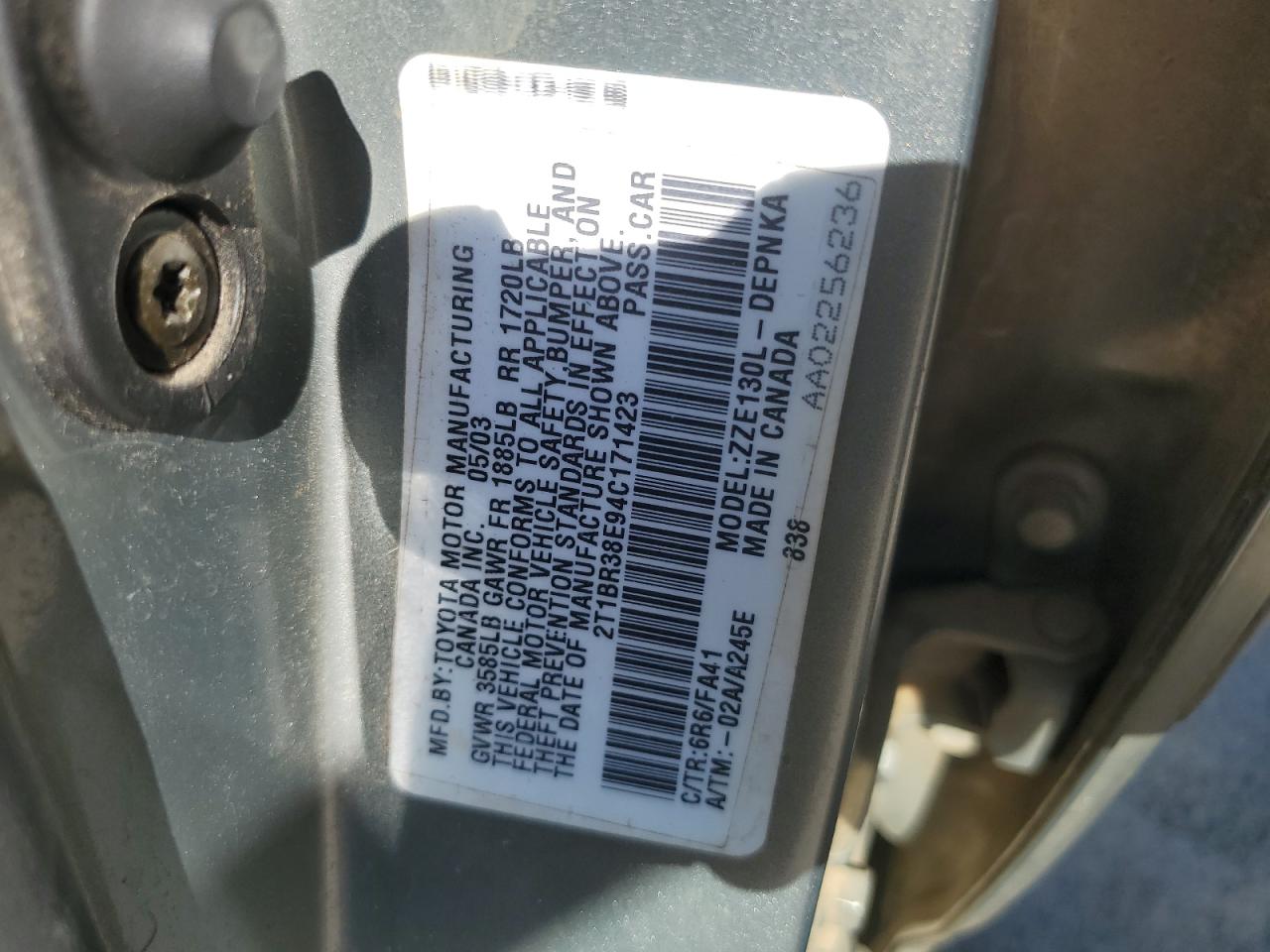 2004 Toyota Corolla Ce VIN: 2T1BR38E94C171423 Lot: 84473615