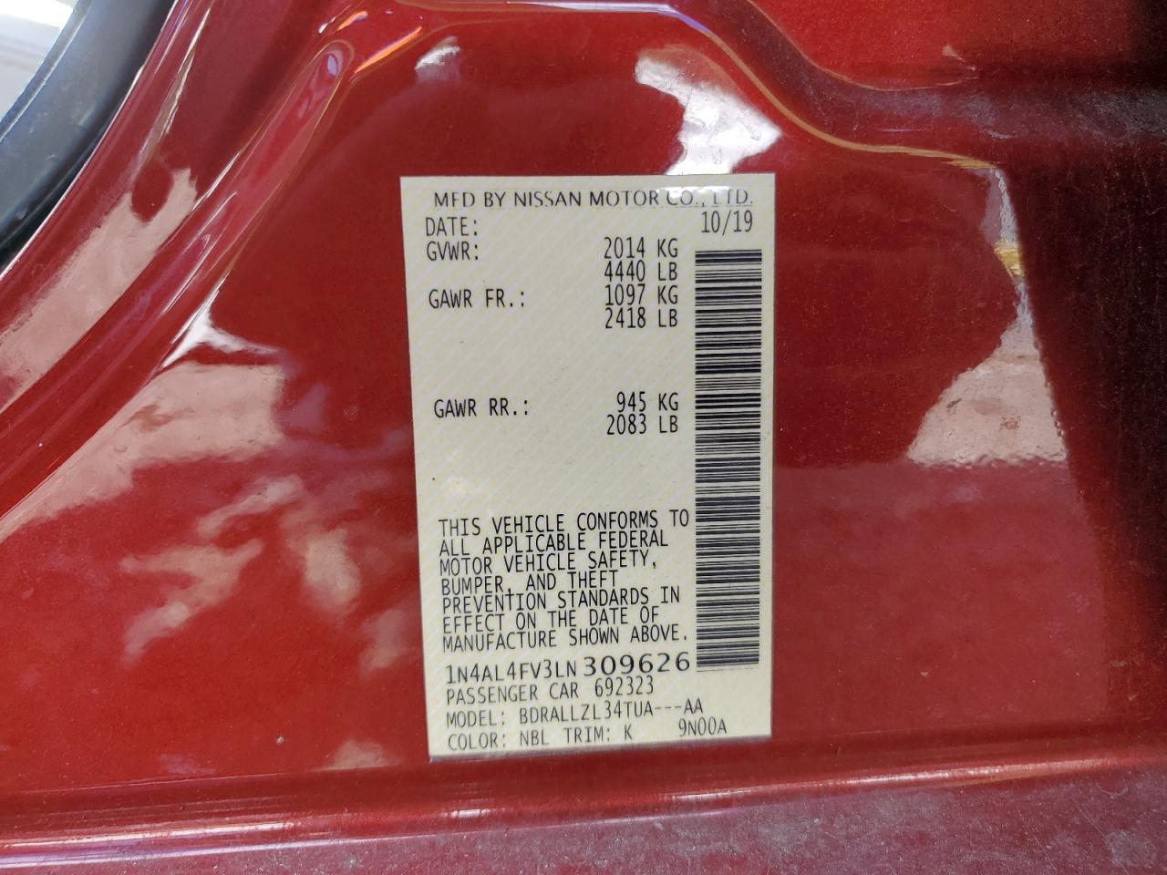 2020 Nissan Altima Platinum VIN: 1N4AL4FV3LN309626 Lot: 89511665