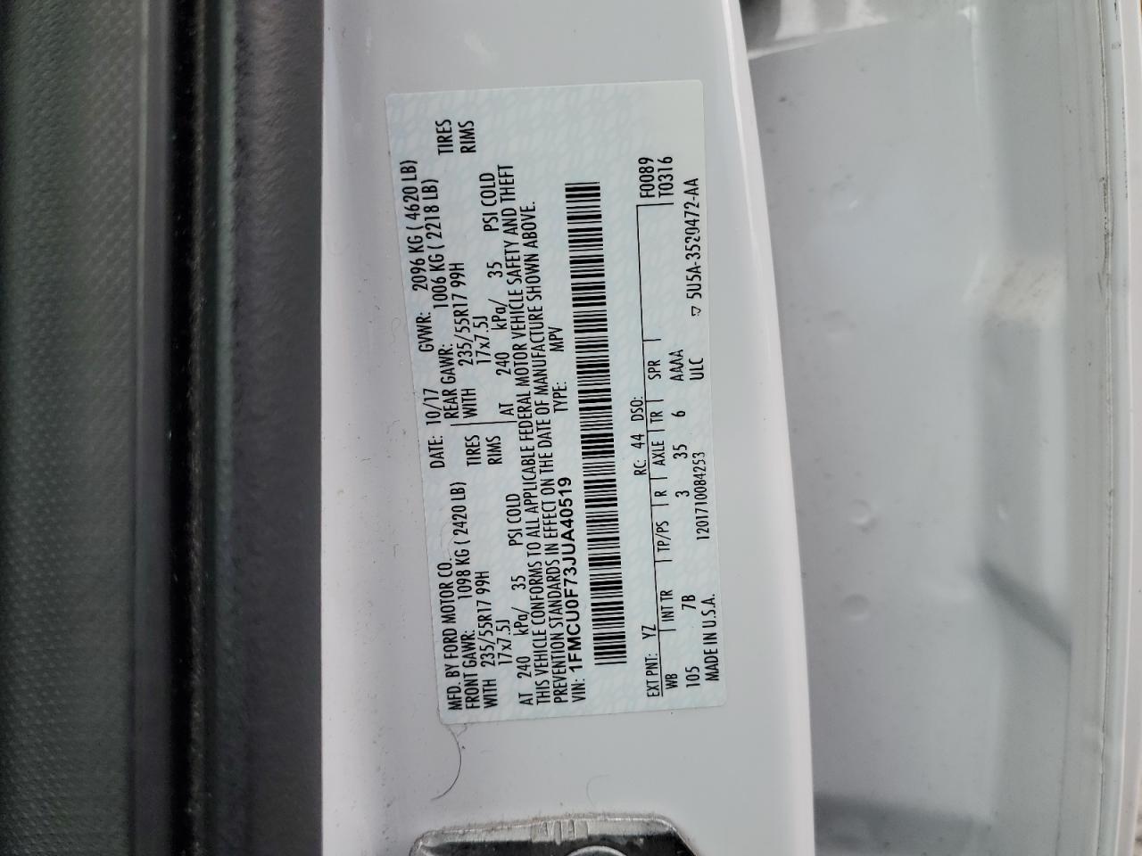 2018 Ford Escape S VIN: 1FMCU0F73JUA40519 Lot: 90337075