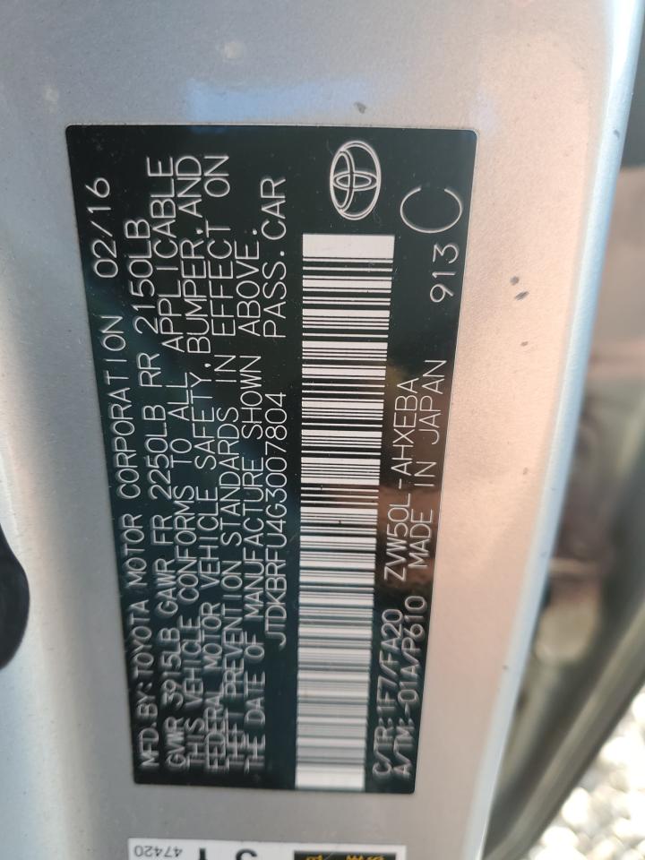 2016 Toyota Prius VIN: JTDKBRFU4G3007804 Lot: 85925705