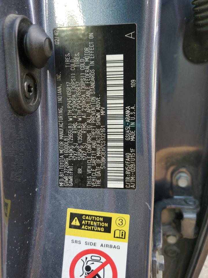 2012 Toyota Highlander Base VIN: 5TDBK3EH7CS132161 Lot: 84812695