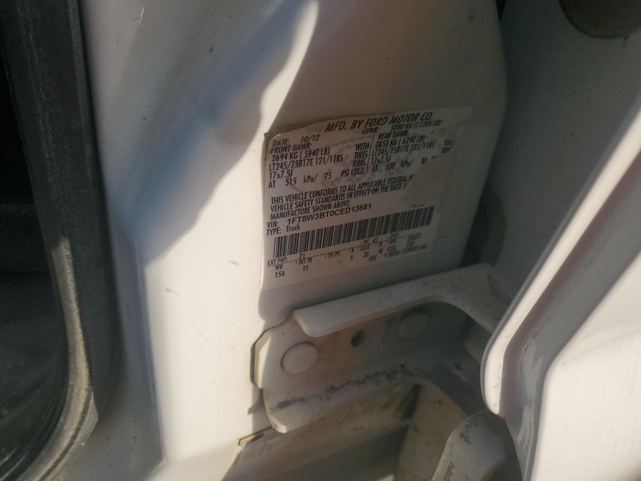 2012 Ford F350 Super Duty VIN: 1FT8W3BT0CED13681 Lot: 86483455