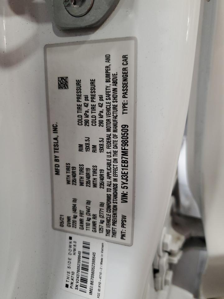 2021 Tesla Model 3 VIN: 5YJ3E1EB7MF980509 Lot: 86768515