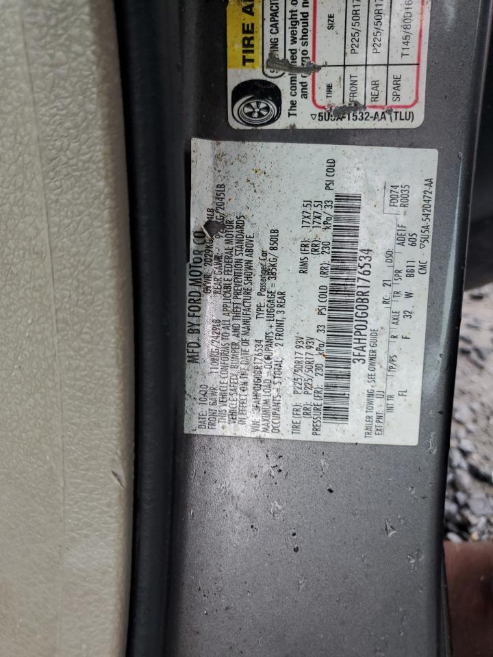 2011 Ford Fusion Sel VIN: 3FAHP0JG0BR176534 Lot: 82751985