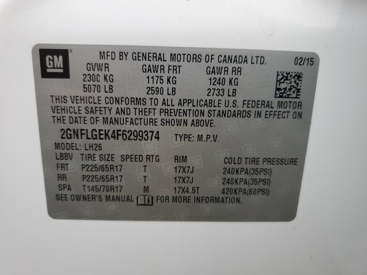 2015 Chevrolet Equinox Lt VIN: 2GNFLGEK4F6299374 Lot: 84901605