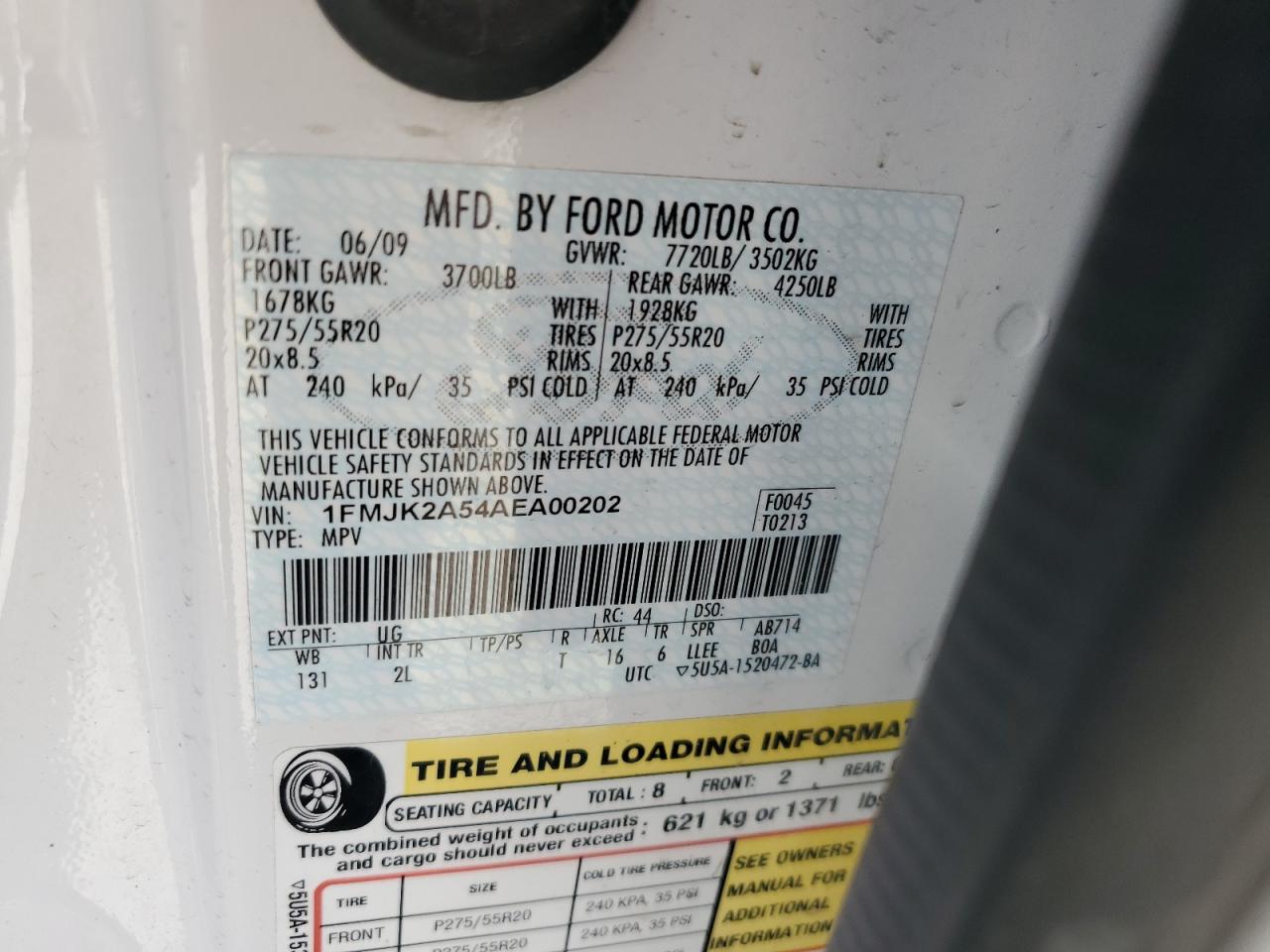 2010 Ford Expedition El Limited VIN: 1FMJK2A54AEA00202 Lot: 85332965