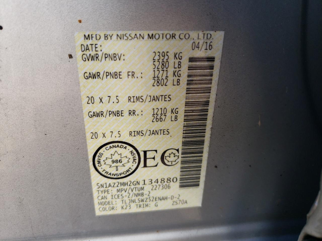 2016 Nissan Murano S VIN: 5N1AZ2MH2GN134880 Lot: 82408225