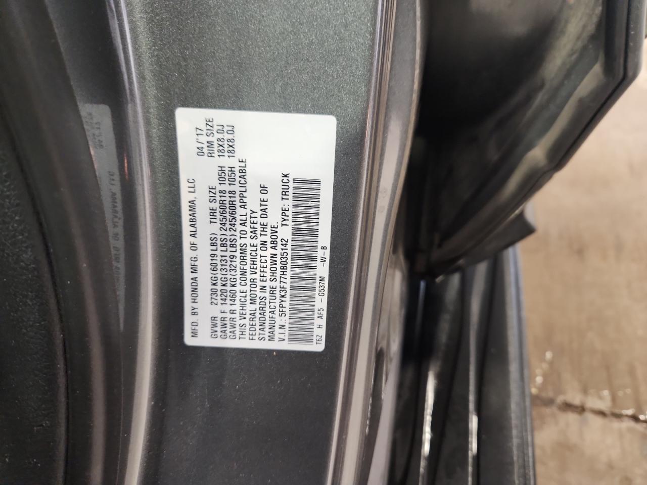 2017 Honda Ridgeline Rtl VIN: 5FPYK3F77HB035142 Lot: 89929275