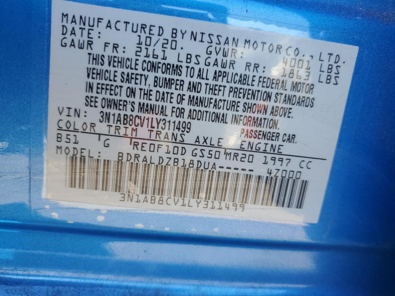 2020 Nissan Sentra Sv VIN: 3N1AB8CV1LY311499 Lot: 85822275