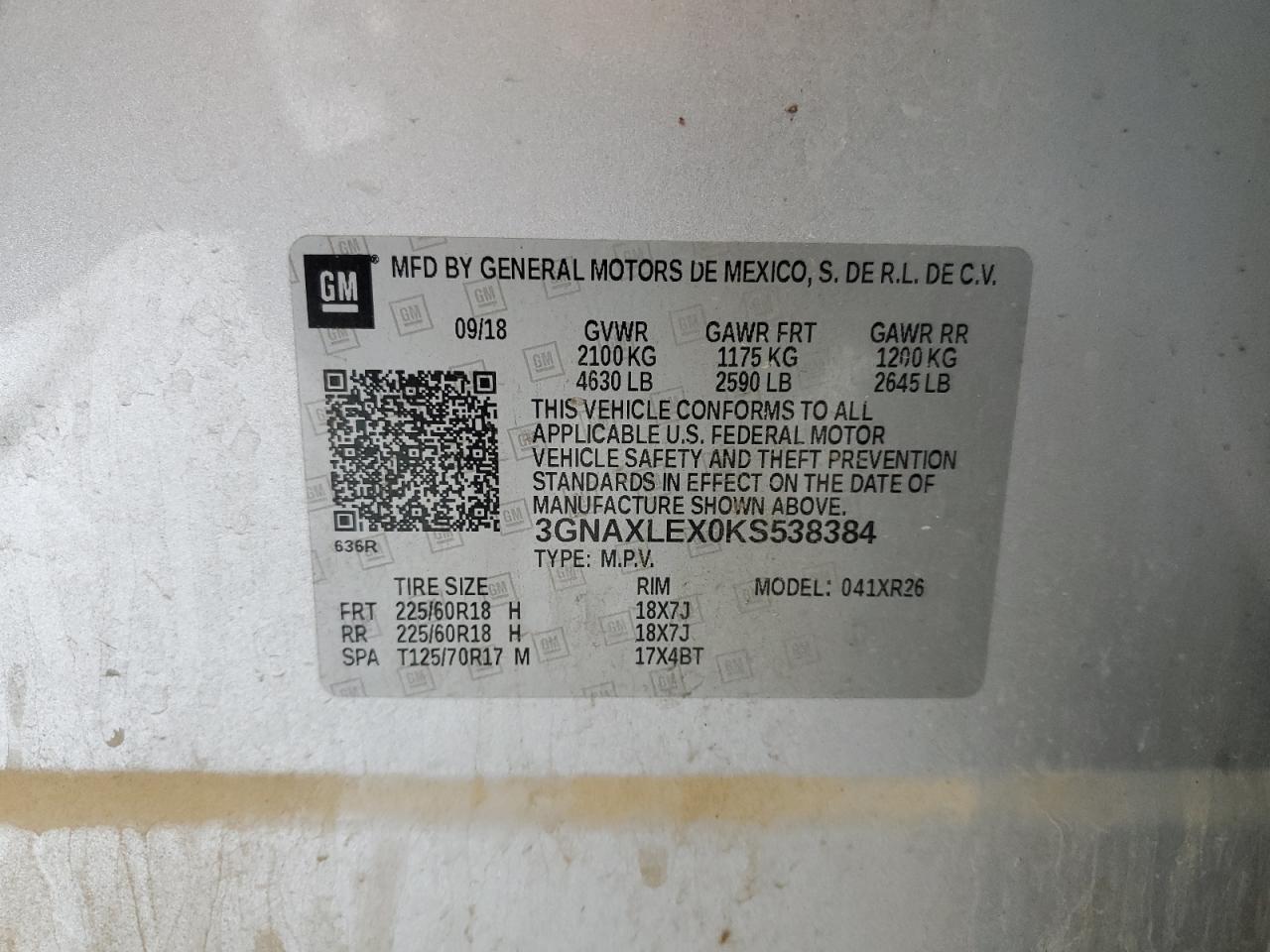 2019 Chevrolet Equinox VIN: 3GNAXLEX0KS538384 Lot: 85191365