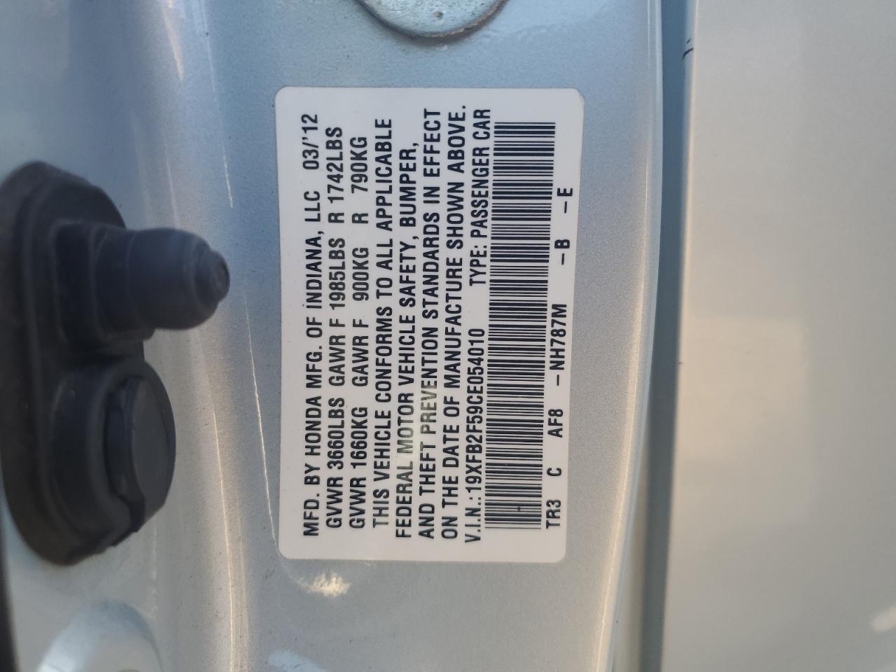 2012 Honda Civic Lx VIN: 19XFB2F59CE054010 Lot: 85139705