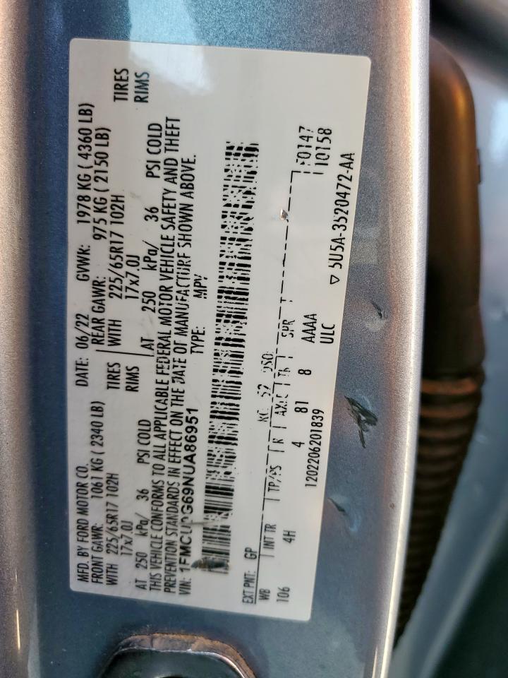 2022 Ford Escape Se VIN: 1FMCU0G69NUA86951 Lot: 84475505