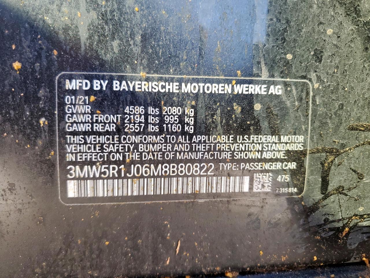 2021 BMW 330I VIN: 3MW5R1J06M8B80822 Lot: 90428595