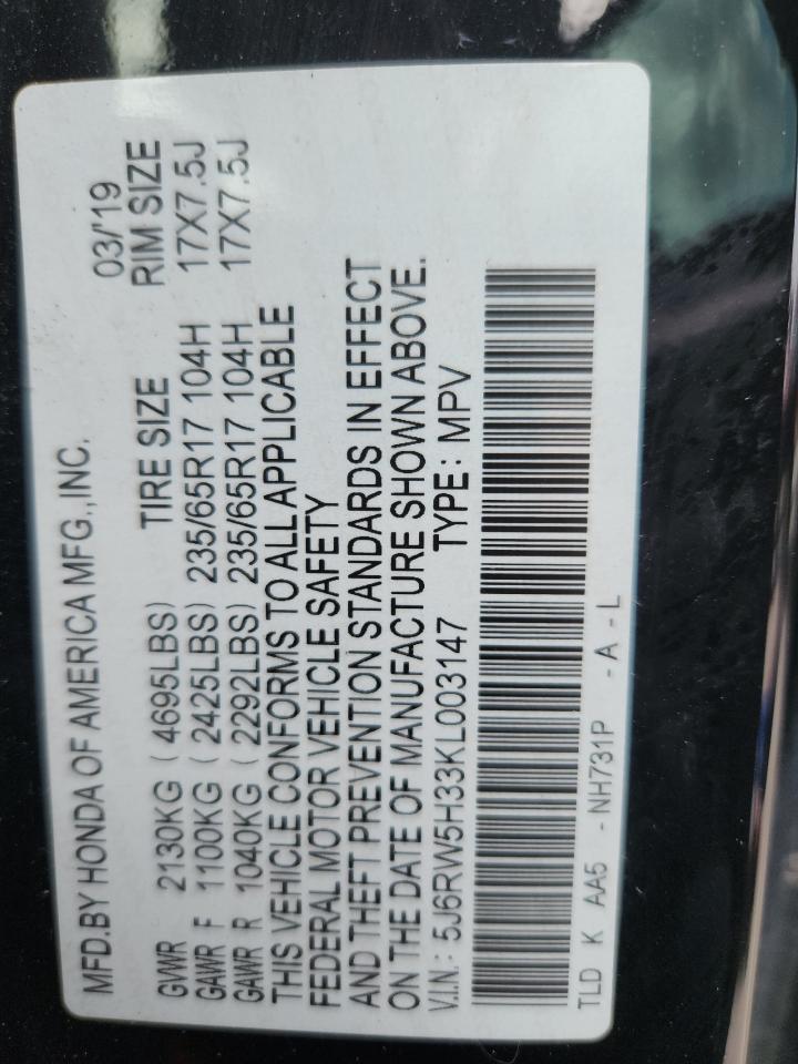 2019 Honda Cr-V Lx VIN: 5J6RW5H33KL003147 Lot: 89850735